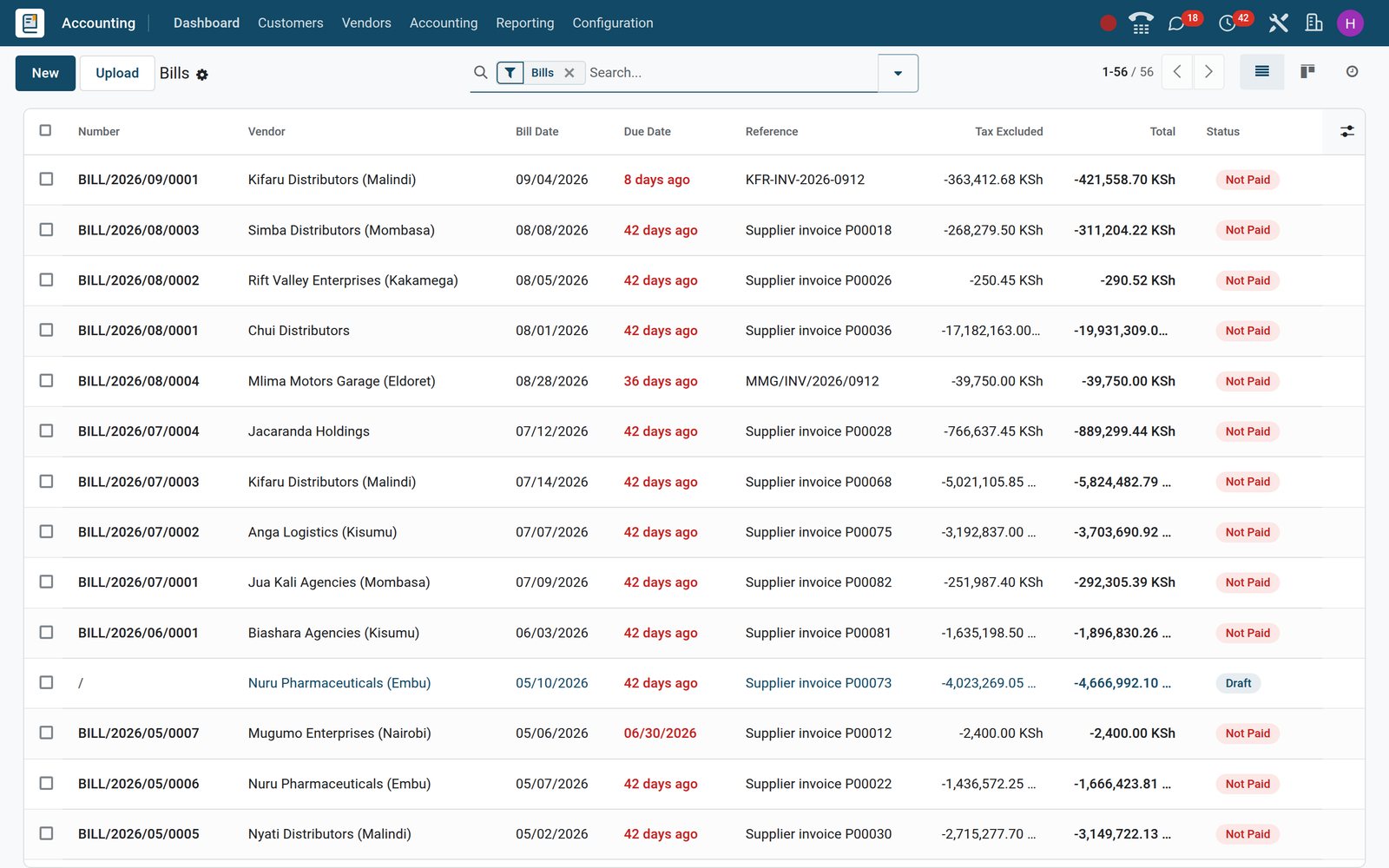 BridgeERP vendor bills list with due dates, totals and payment status badges
