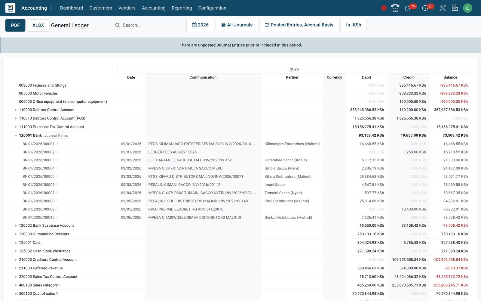 BridgeERP General Ledger report with accounts and their debit, credit and balance