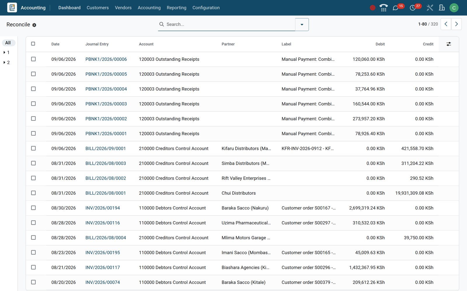 BridgeERP list of posted journal items still open on reconcilable accounts
