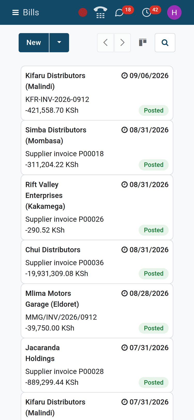 BridgeERP vendor bills on a phone screen