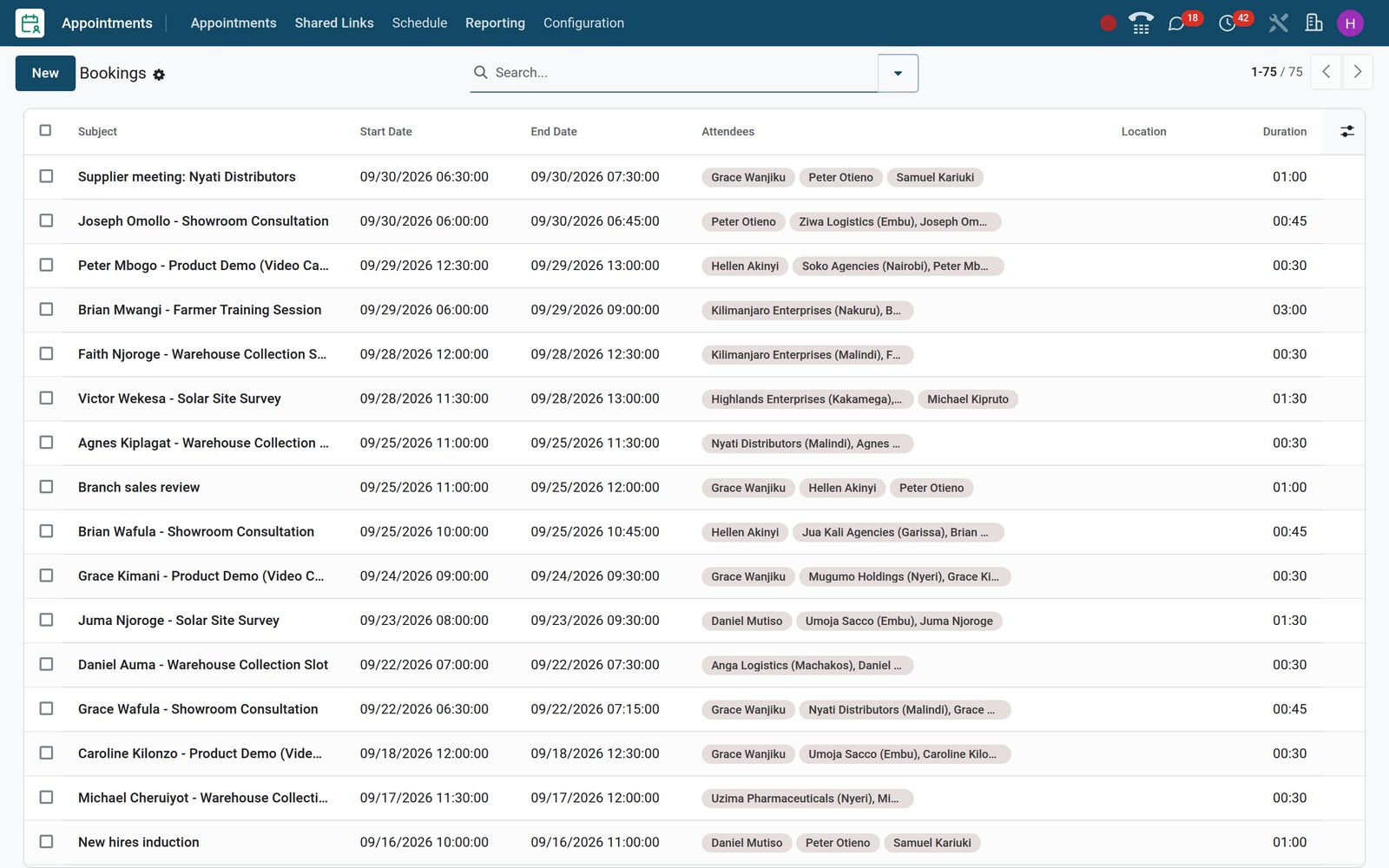 BridgeERP Appointments list of client bookings with subject, start time and attendees