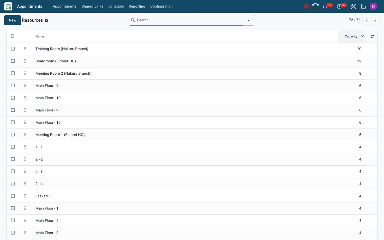 Resources list in BridgeERP Appointments showing tables, rooms and courts with their capacity