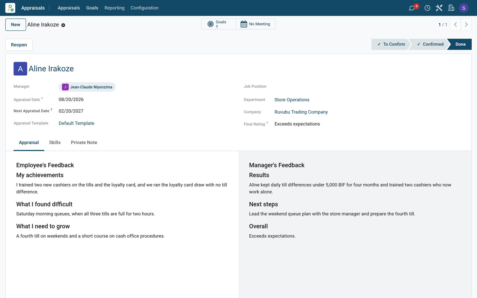 BridgeERP appraisal with employee and manager feedback