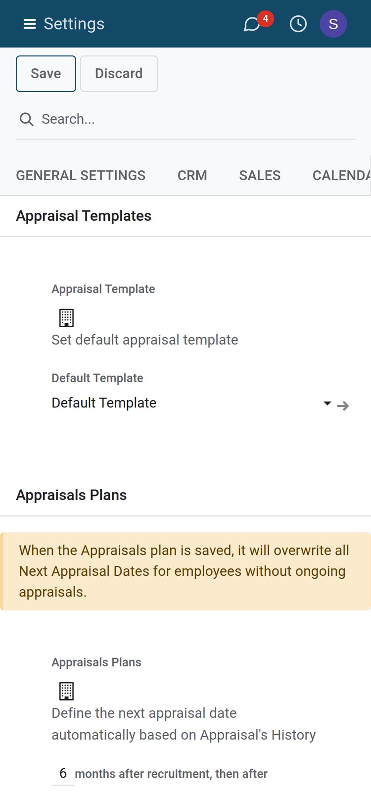 BridgeERP Appraisals settings on a phone: the default appraisal template and the appraisal plan with the first review 6 months after recruitment