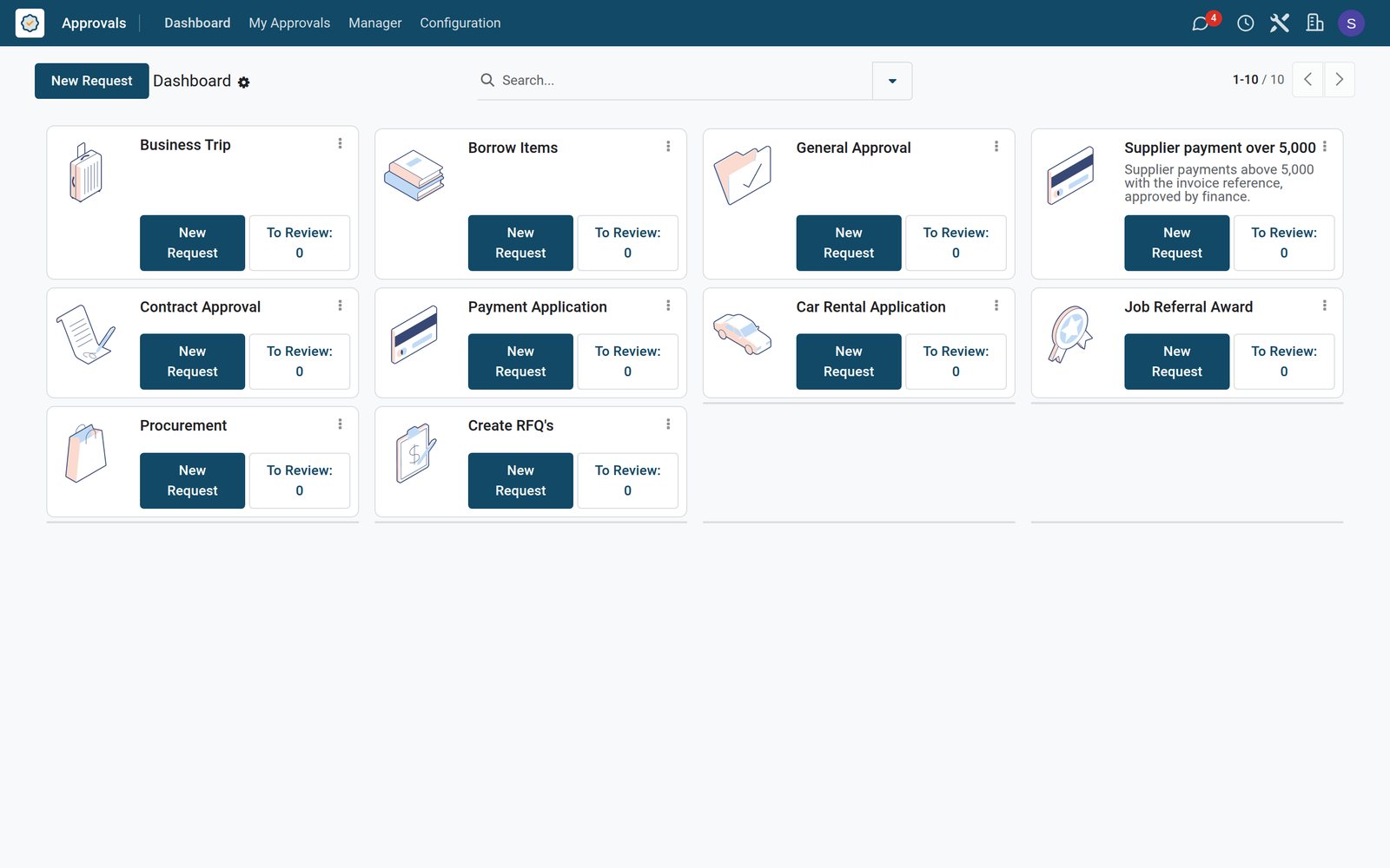 BridgeERP approvals dashboard with request types
