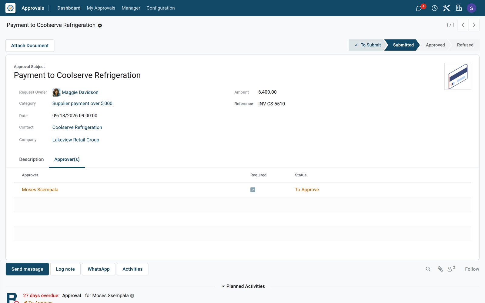 BridgeERP approval request for a supplier payment