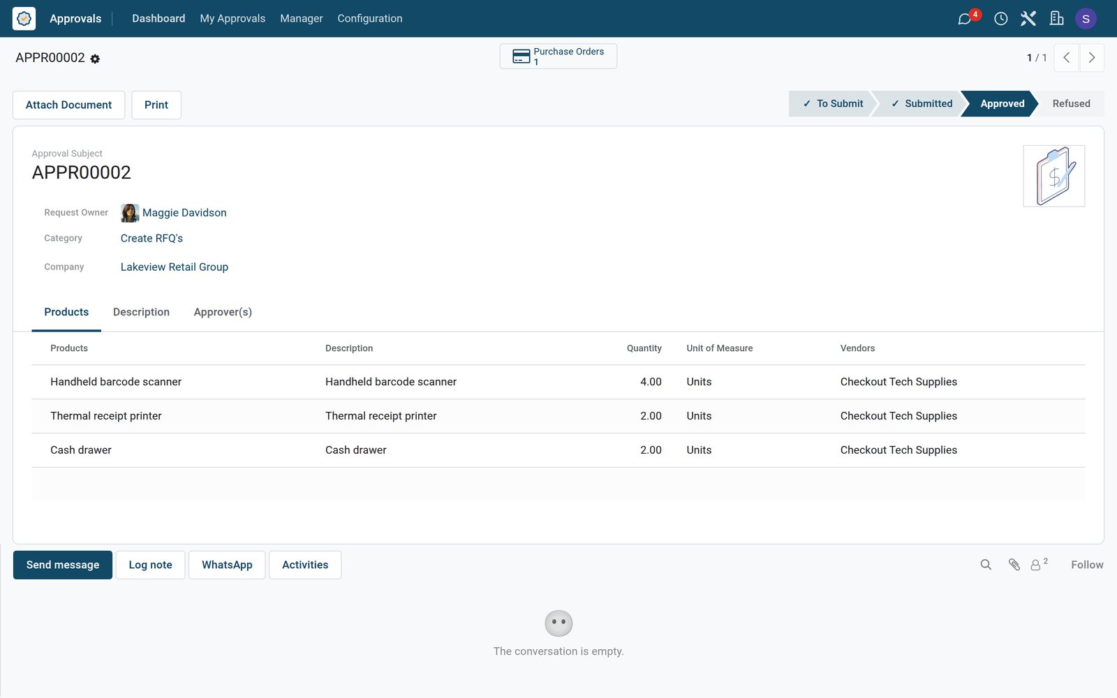 BridgeERP approved purchase approval request with products