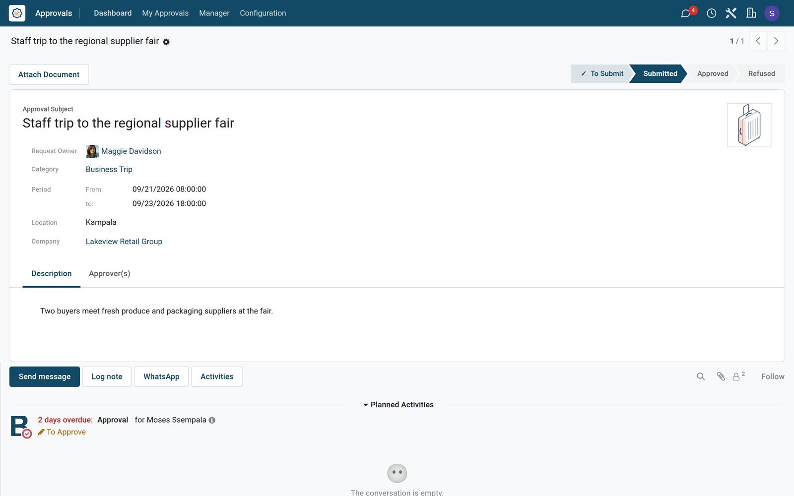 BridgeERP approval request for a business trip