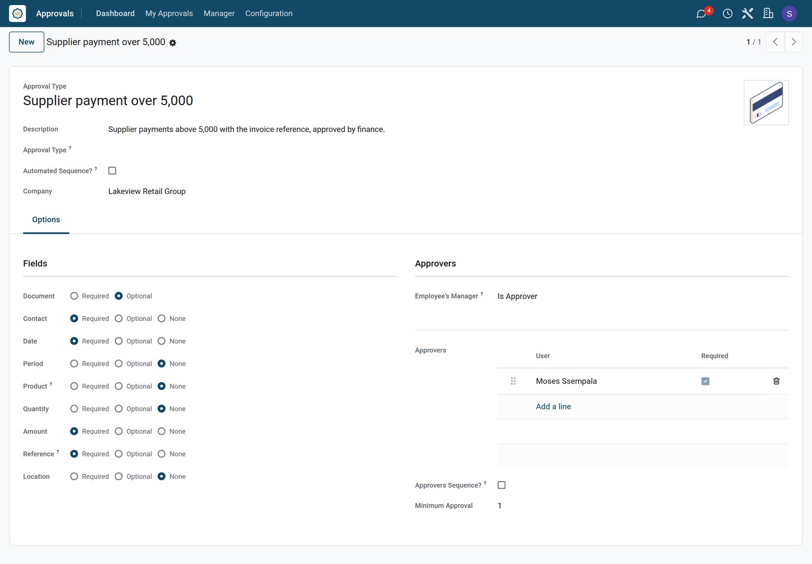 BridgeERP approval type settings with fields and approvers