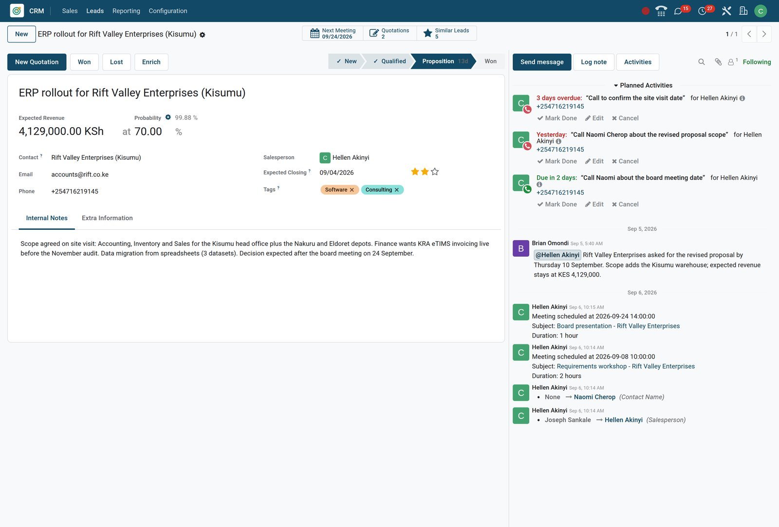 BridgeERP CRM opportunity form with the chatter showing activities, an internal note and tracked changes