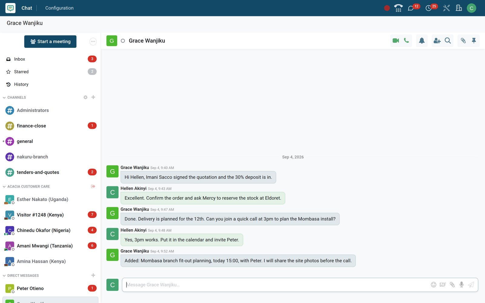 BridgeERP Discuss direct chat between Grace Wanjiku and Hellen Akinyi about the Imani Sacco order