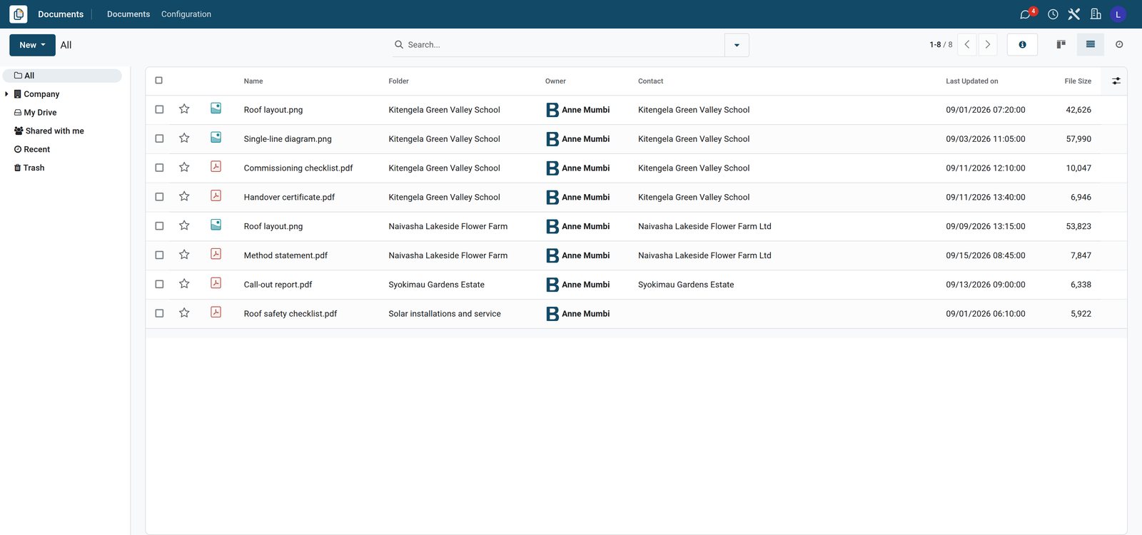 BridgeERP documents list of a solar installer's job files with folder, owner, contact, date and size
