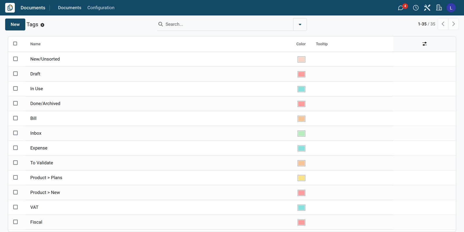 BridgeERP documents tags configuration list