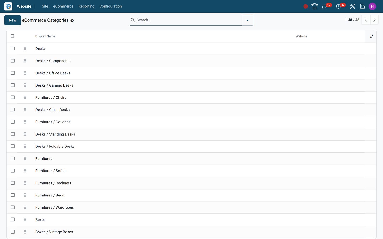 BridgeERP eCommerce Categories list with nested shop categories