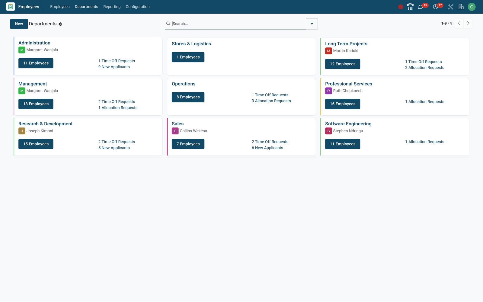 BridgeERP Departments cards with headcount buttons, managers and pending approvals per department