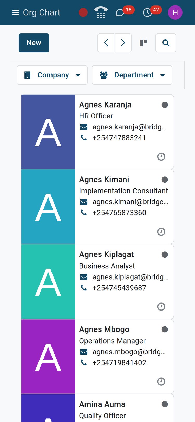 BridgeERP employee cards on a phone screen with photos, job titles and phone numbers