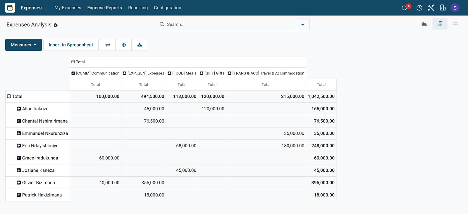 BridgeERP expenses analysis pivot