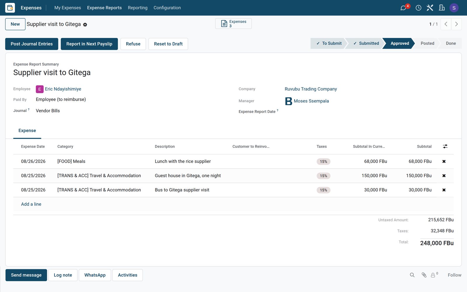 BridgeERP expense report with its expense lines