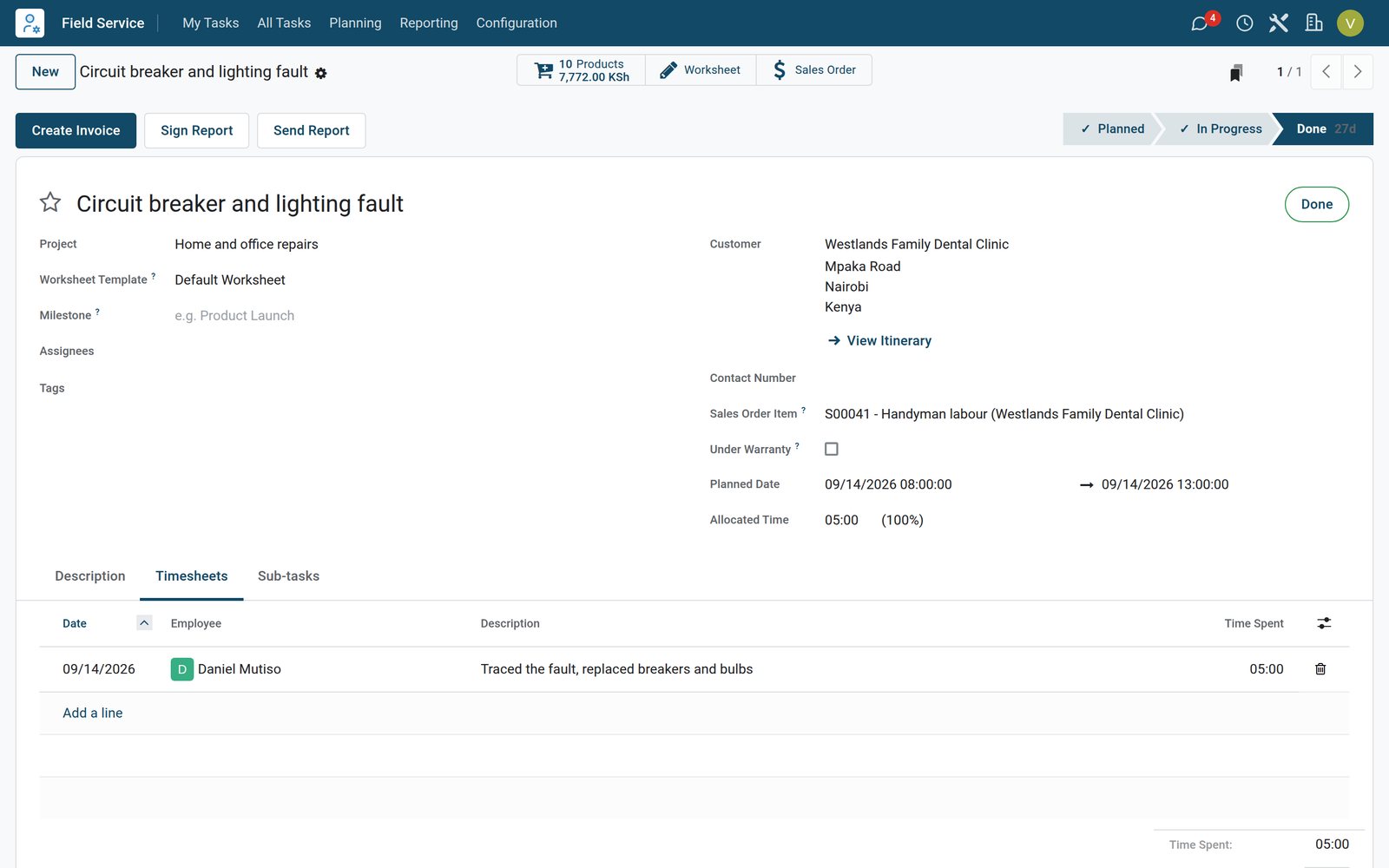 BridgeERP field service visit form with the customer address, timesheet, products and Create Invoice button