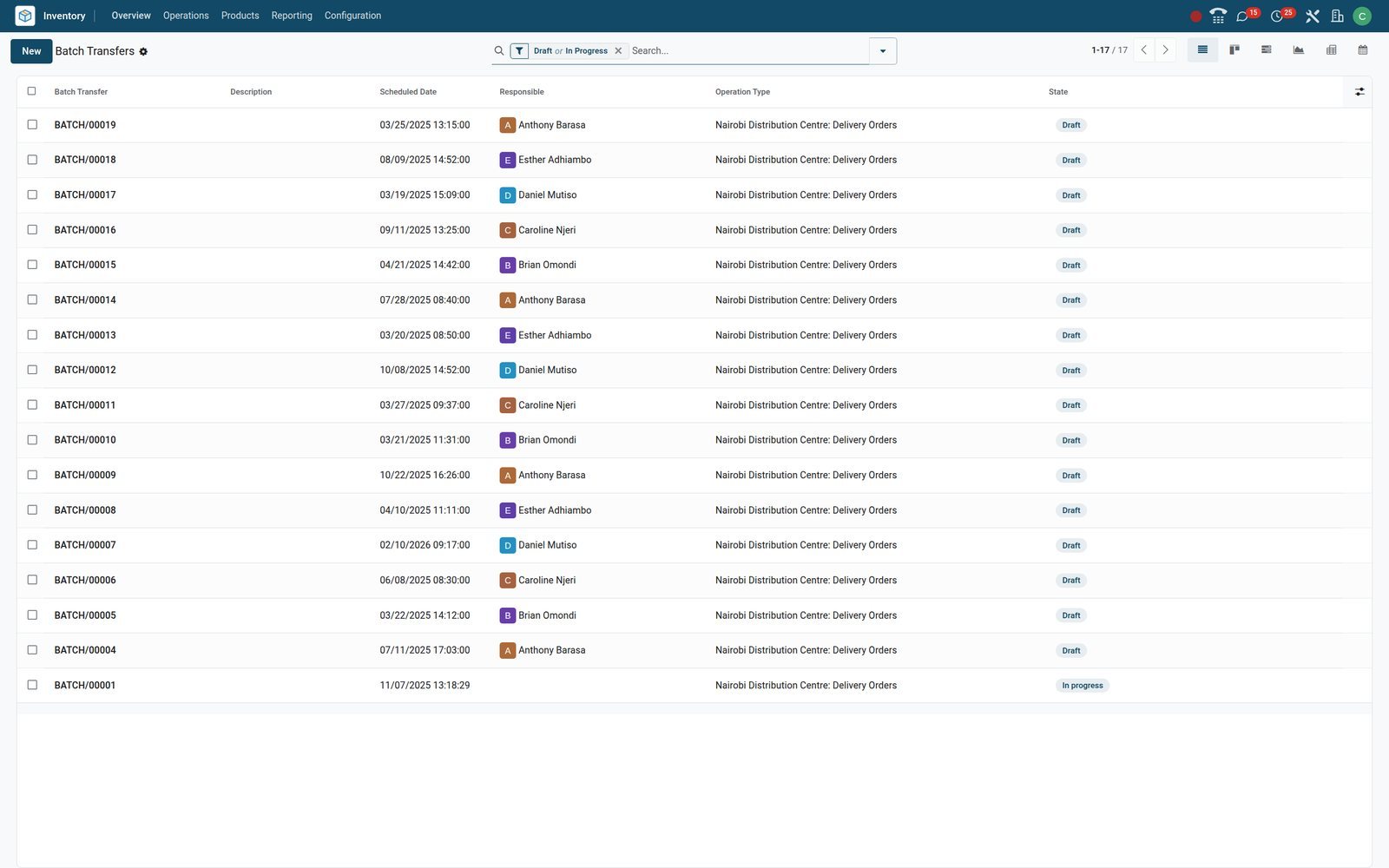 BridgeERP Inventory batch transfers list with responsible picker, scheduled date, operation type and status