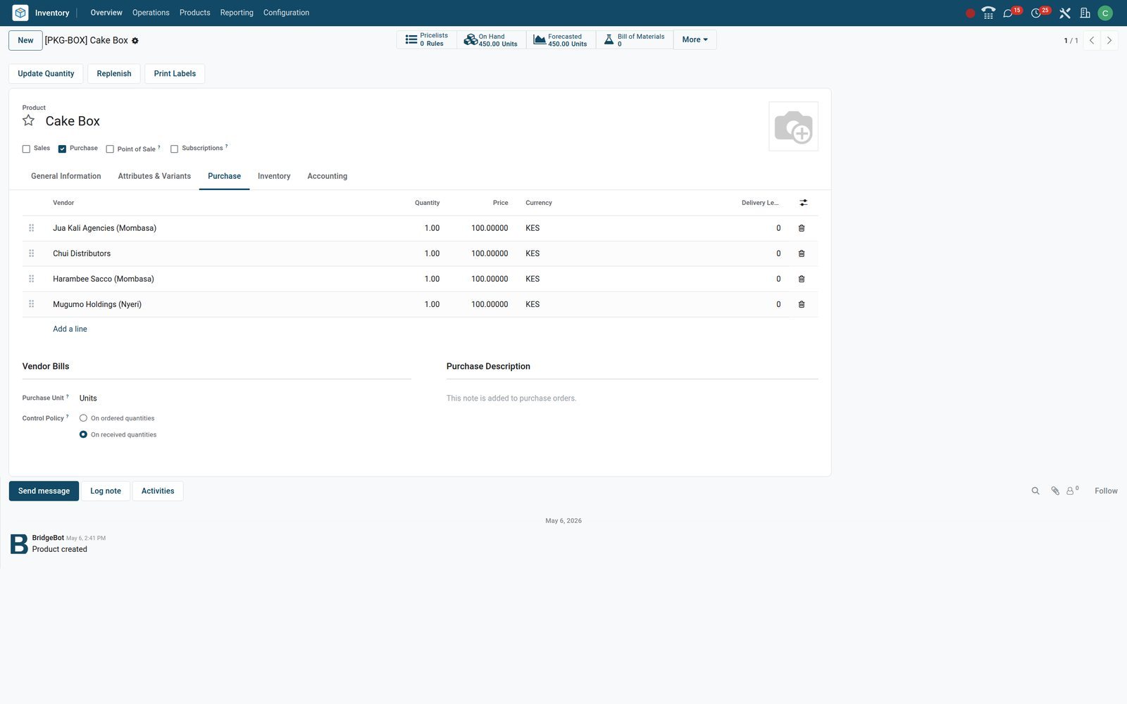 BridgeERP product form for Cake Box with On Hand and Forecasted smart buttons and the Purchase tab listing its vendors and prices