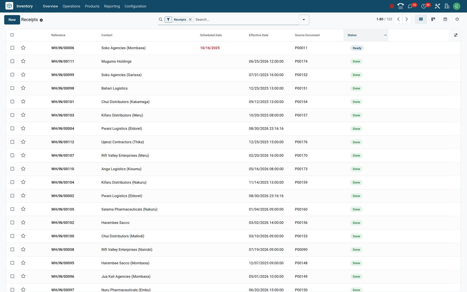 BridgeERP Inventory receipts list with vendor, scheduled and effective dates, source purchase order and status