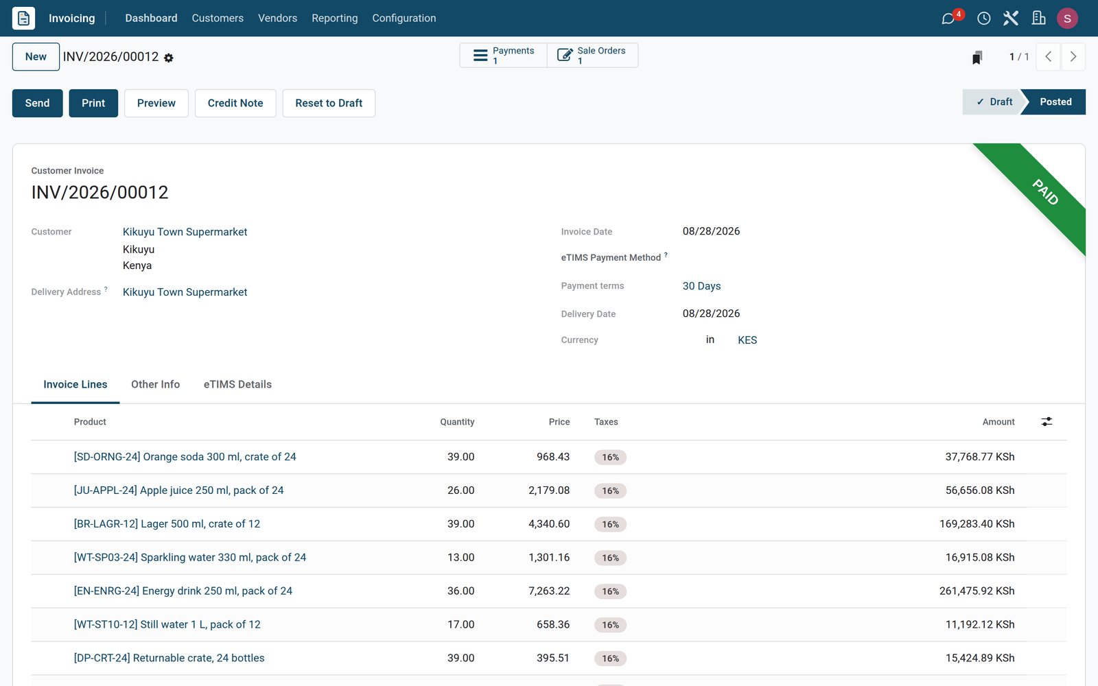 BridgeERP customer invoice form with drinks lines at 16% VAT, 30 Days payment terms and a Paid ribbon