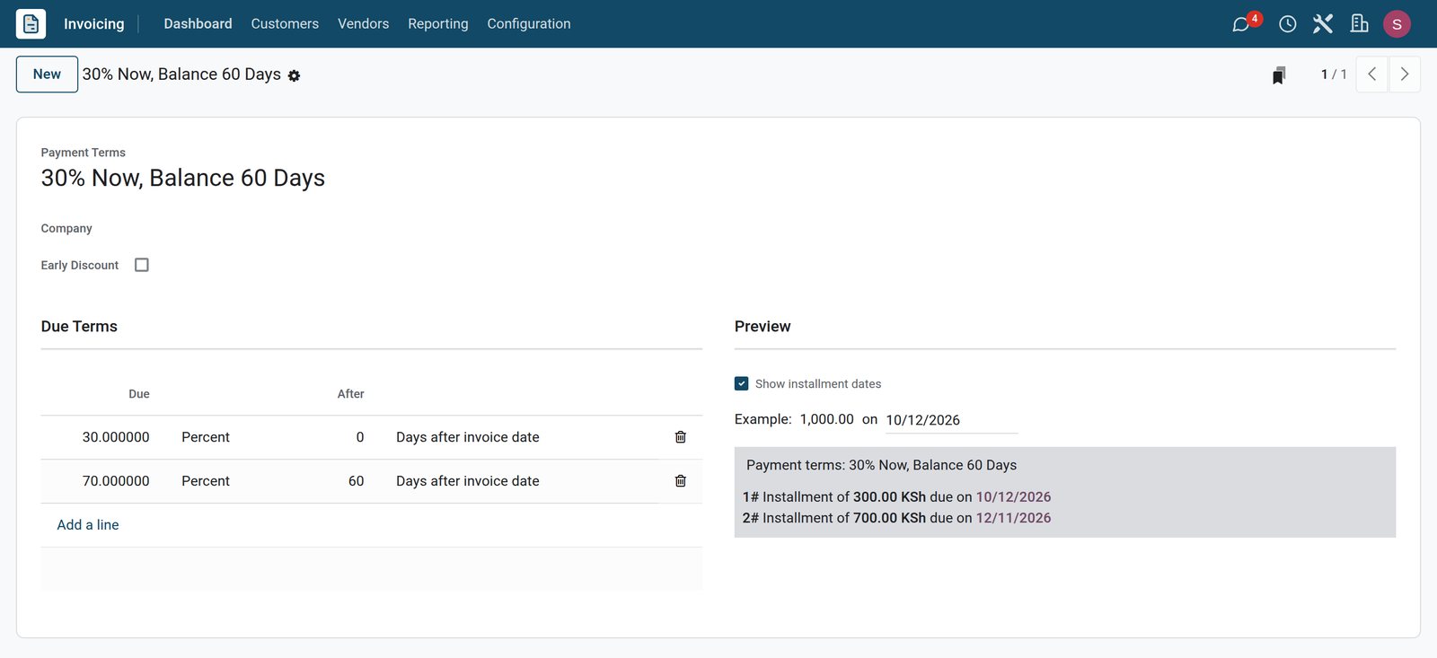 BridgeERP payment term form with a 30% now and 70% after 60 days instalment plan and its dated preview