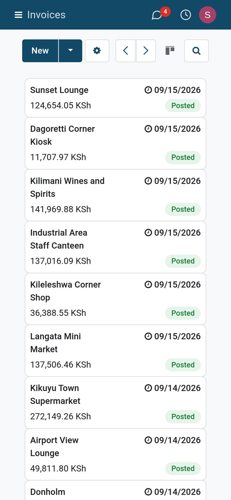 BridgeERP invoices on a phone, one card per posted invoice with the customer, date, total and status