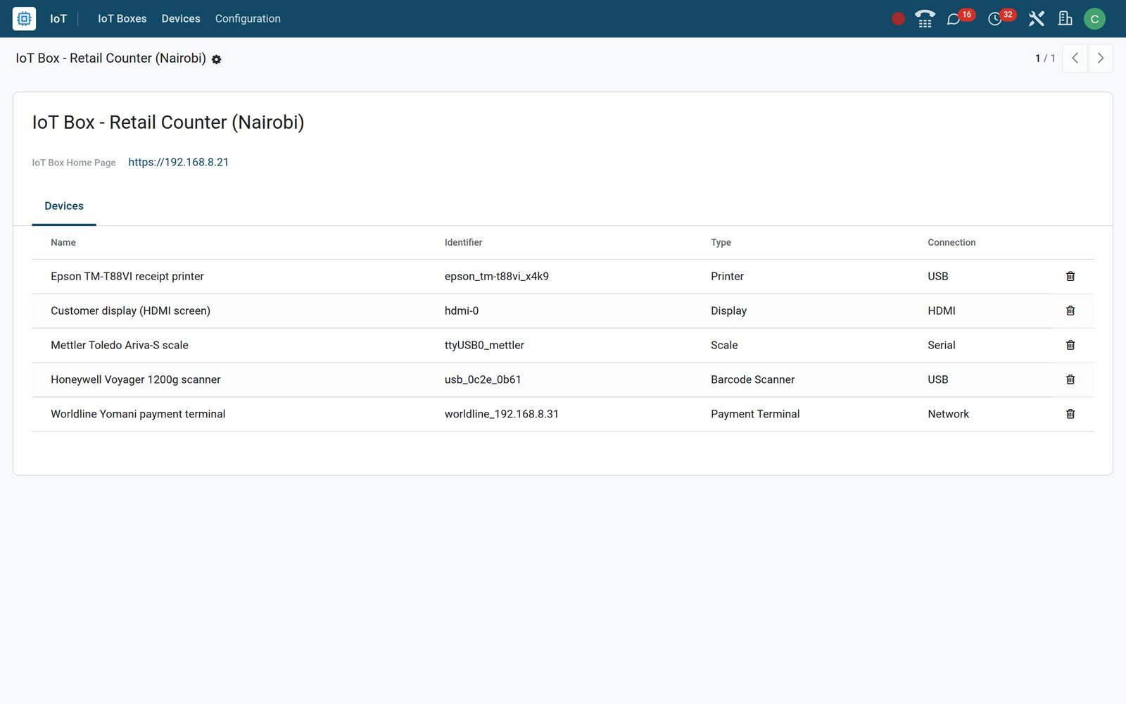 BridgeERP IoT Box form for the Retail Counter box with its five devices, identifiers, types and connections