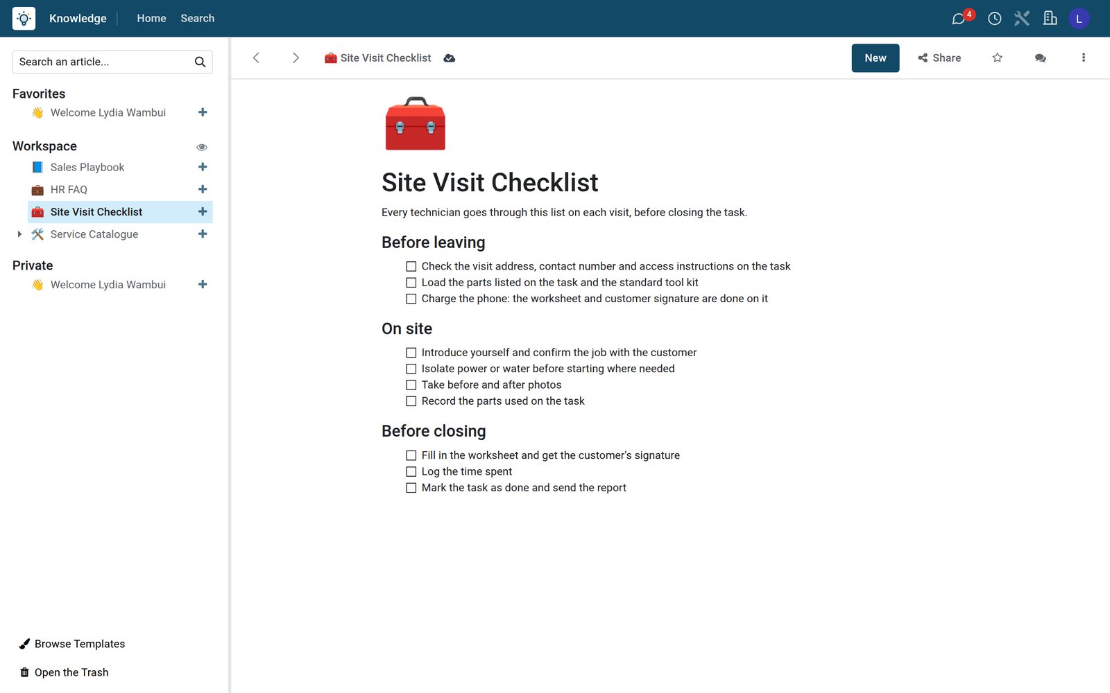 BridgeERP knowledge article with a checklist