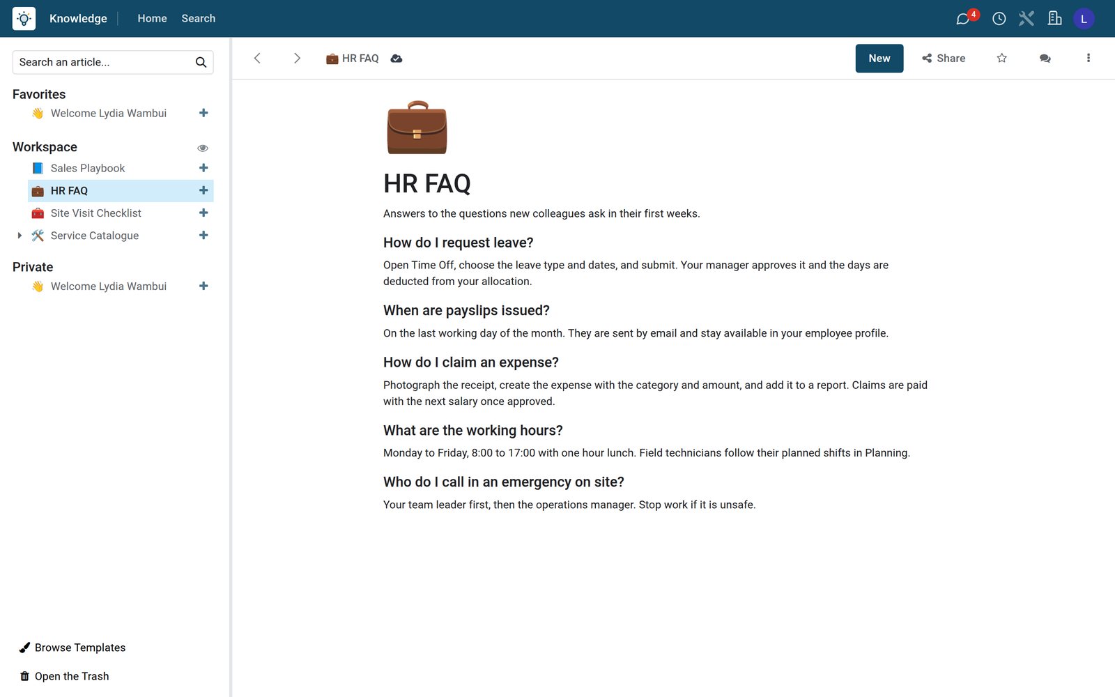 BridgeERP knowledge HR FAQ article