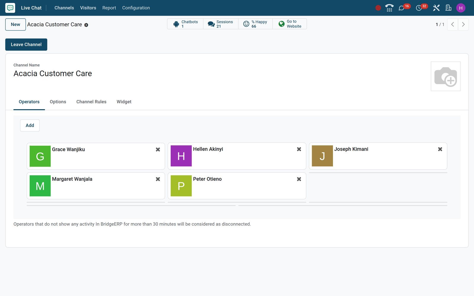 BridgeERP live chat channel form for Acacia Customer Care with operator cards and smart buttons