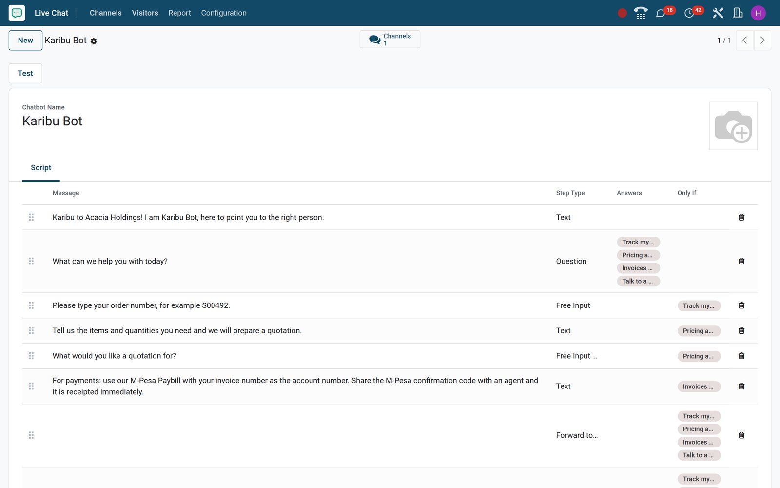 BridgeERP chatbot script form for Karibu Bot with its steps, step types and the answers that trigger them