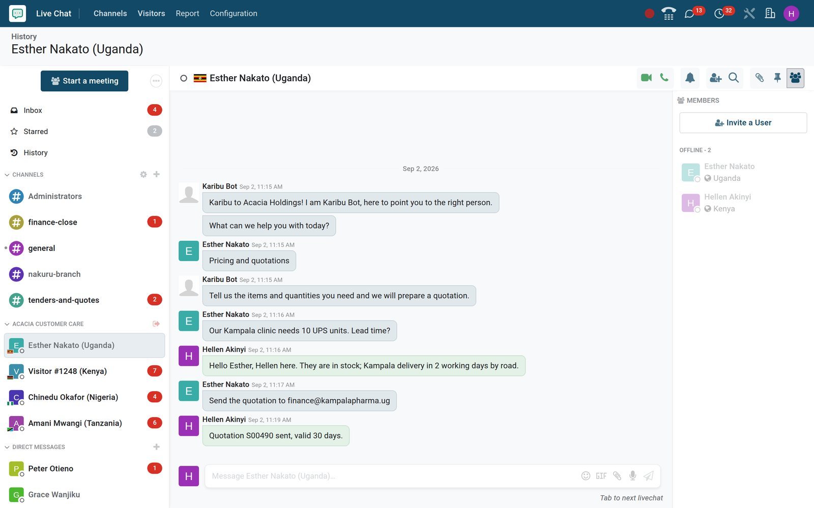 BridgeERP Live Chat app showing a live chat session where Karibu Bot hands over to operator Hellen Akinyi