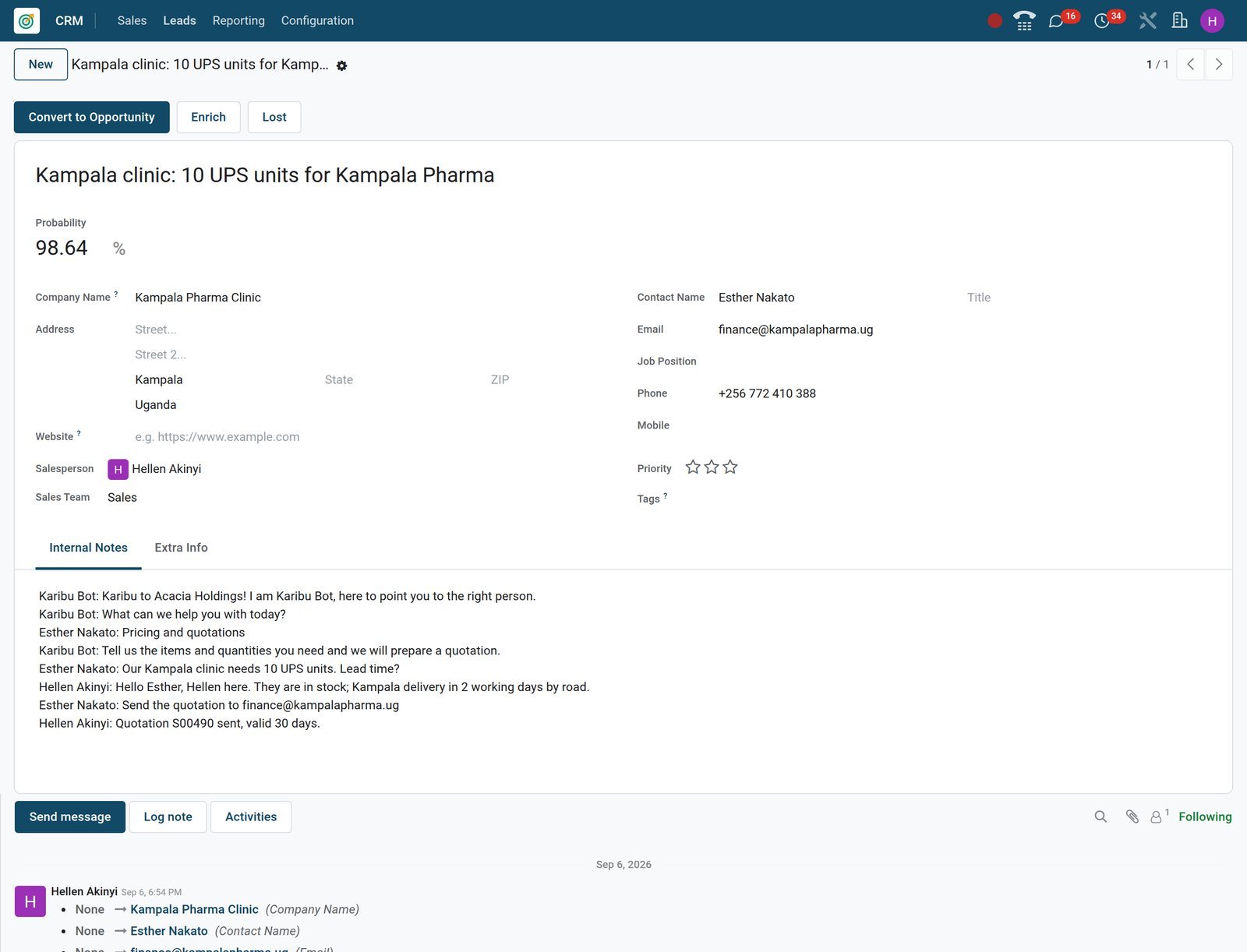 BridgeERP CRM lead created from a live chat with the conversation transcript in the notes