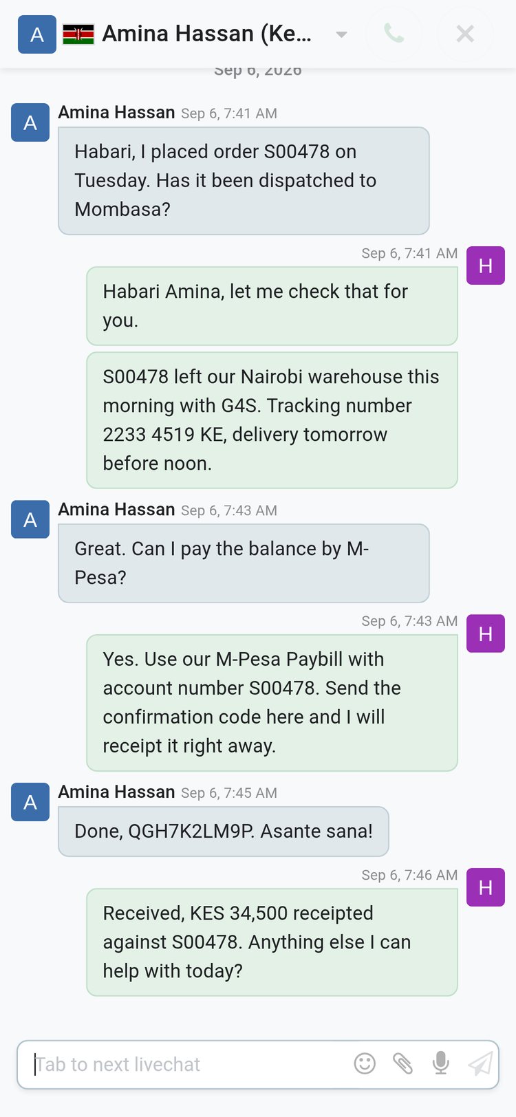 BridgeERP live chat conversation on a phone screen with visitor and operator messages