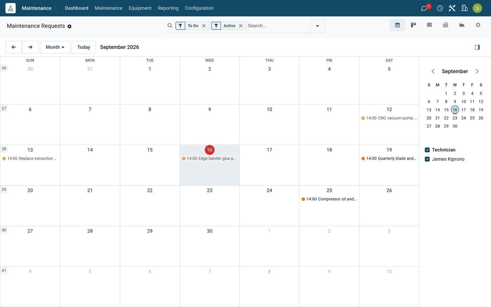 BridgeERP maintenance calendar with preventive and corrective requests