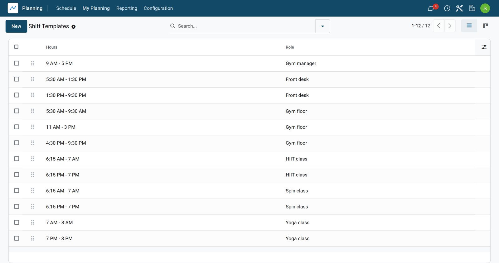 BridgeERP planning shift templates list by role