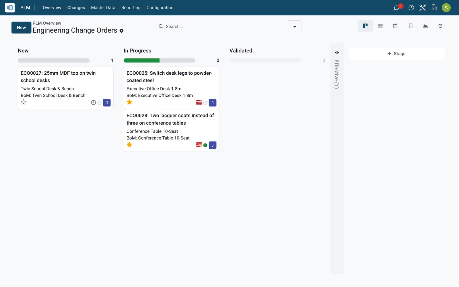 BridgeERP PLM board of engineering change orders by stage