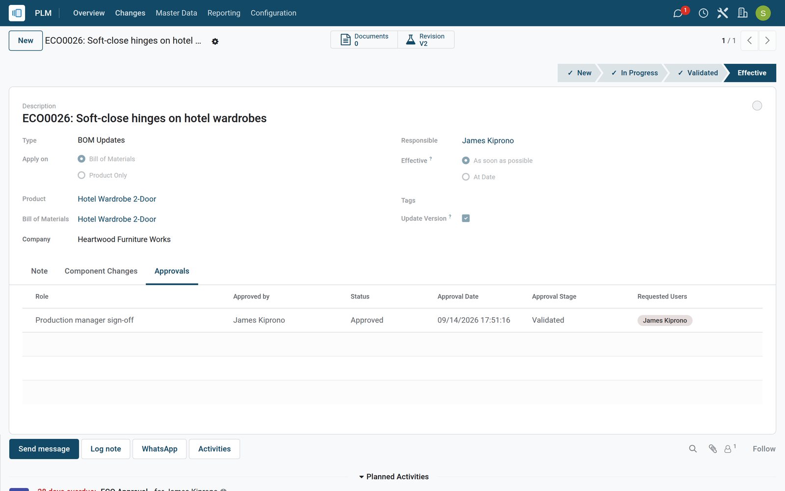 BridgeERP engineering change order applied and effective