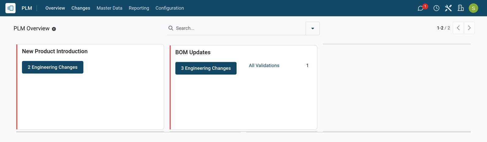 BridgeERP PLM overview with change type cards