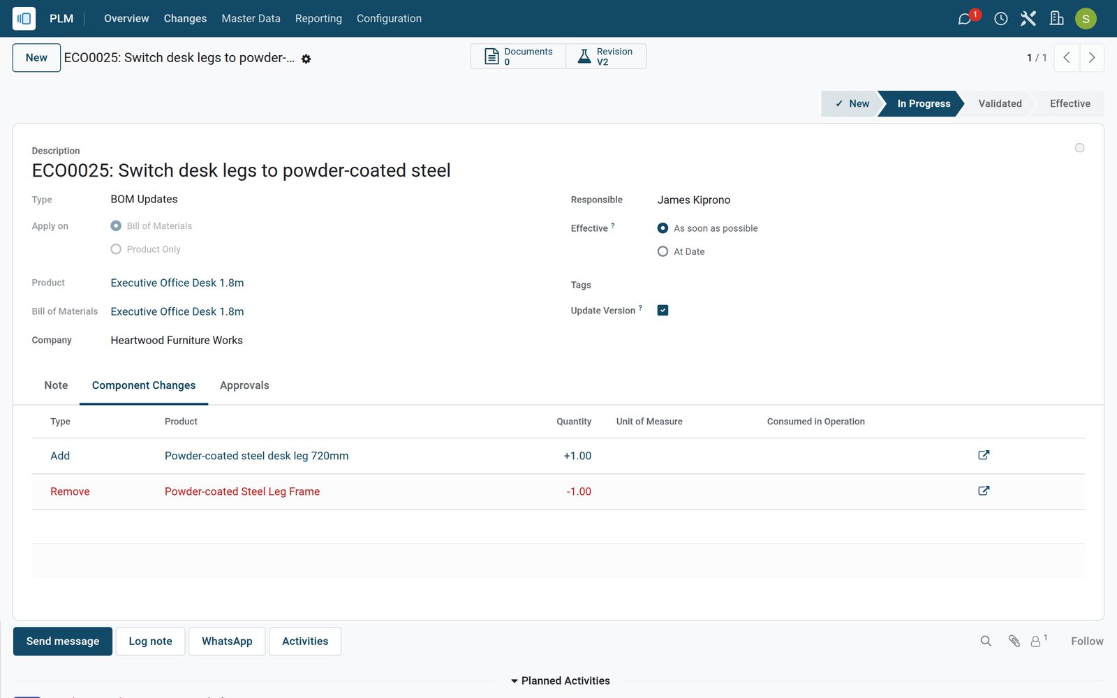 BridgeERP engineering change order with its component changes