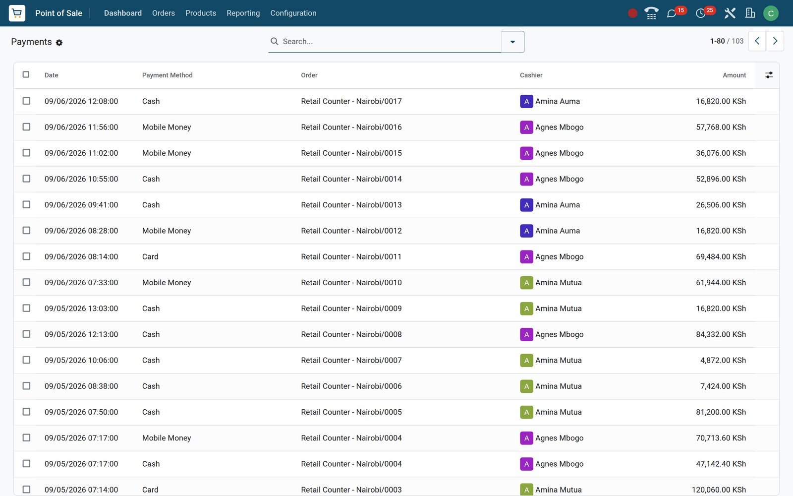 BridgeERP Point of Sale payments list showing cash, card and Mobile Money payments with dates, orders and KES amounts
