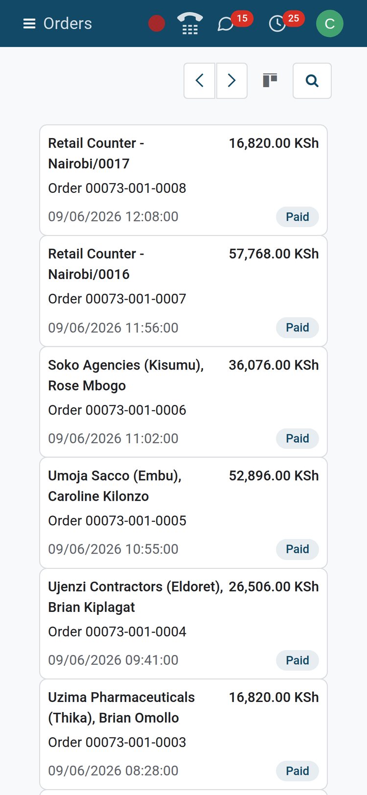 BridgeERP Point of Sale orders kanban on a phone with Nairobi counter orders, customers and KES amounts