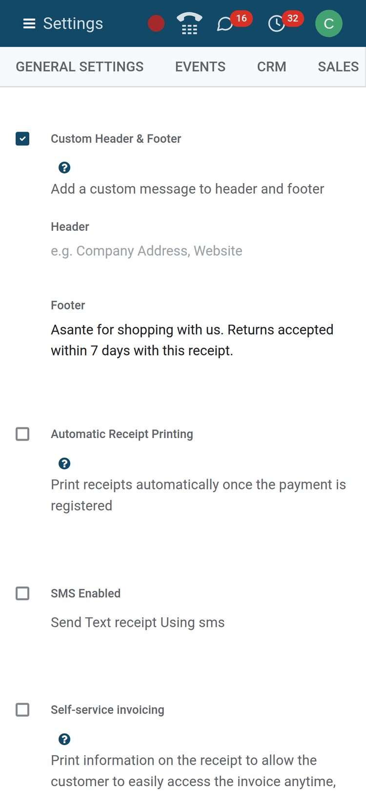 BridgeERP Point of Sale settings on a phone: Custom Header & Footer with the receipt footer, Automatic Receipt Printing, SMS Enabled and Self-service invoicing