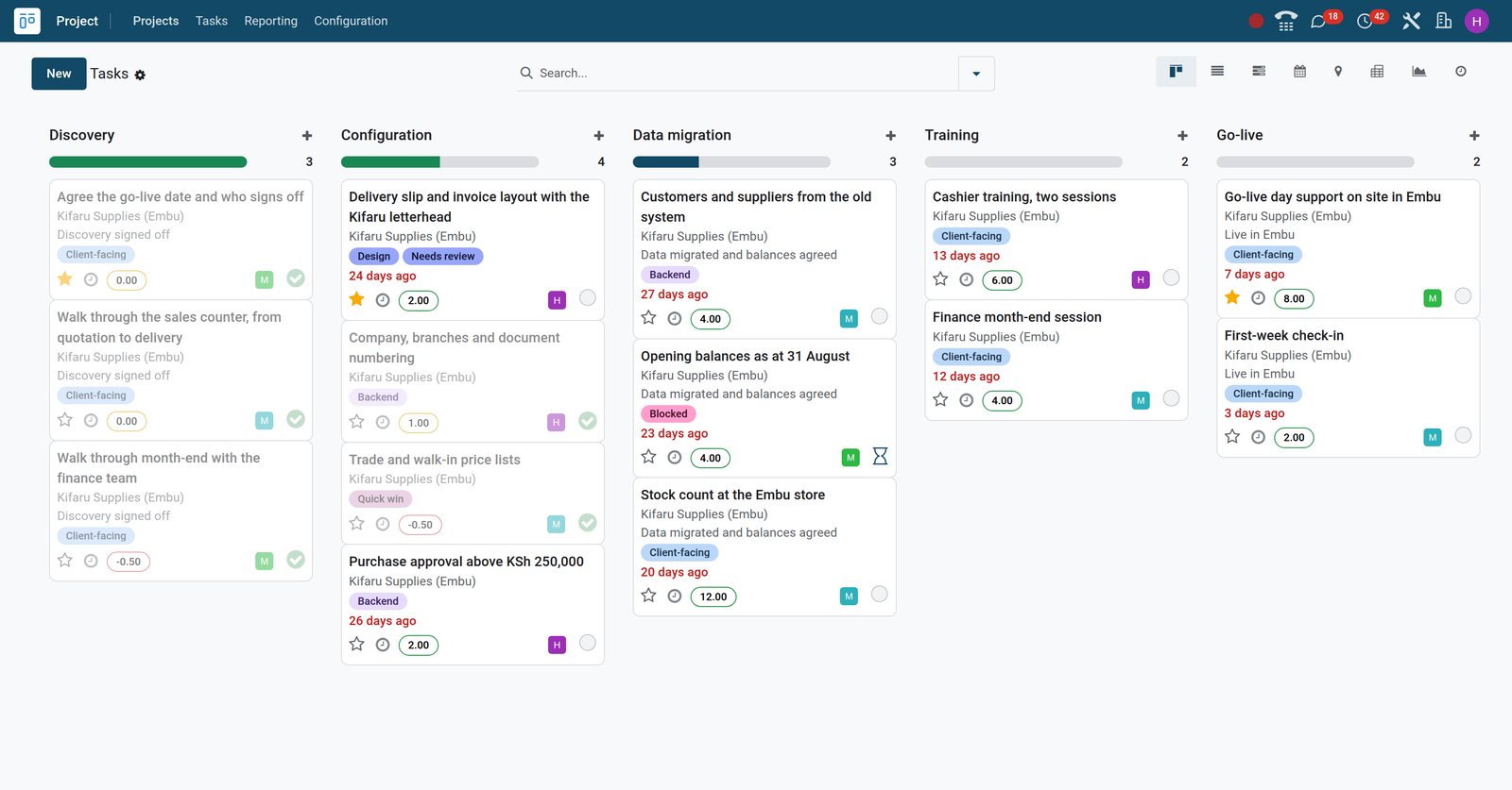 BridgeERP project task board by stage