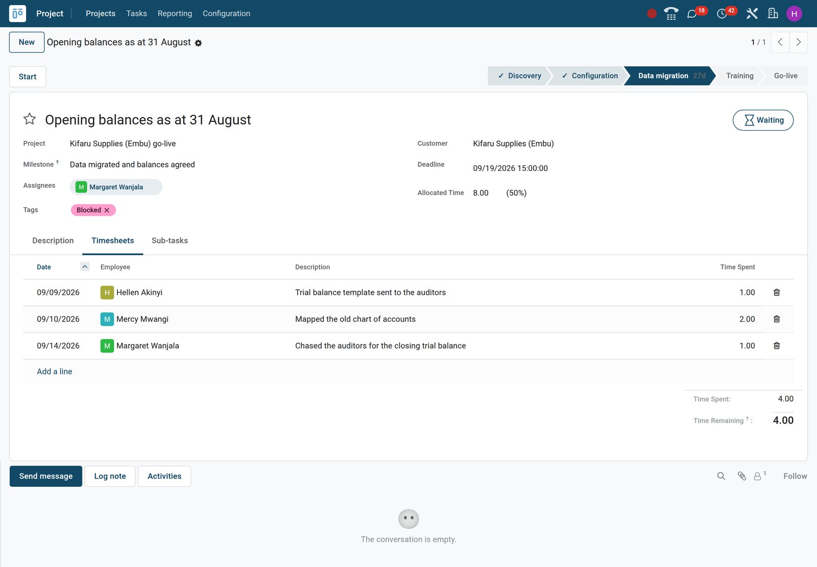 BridgeERP project task form with timesheets
