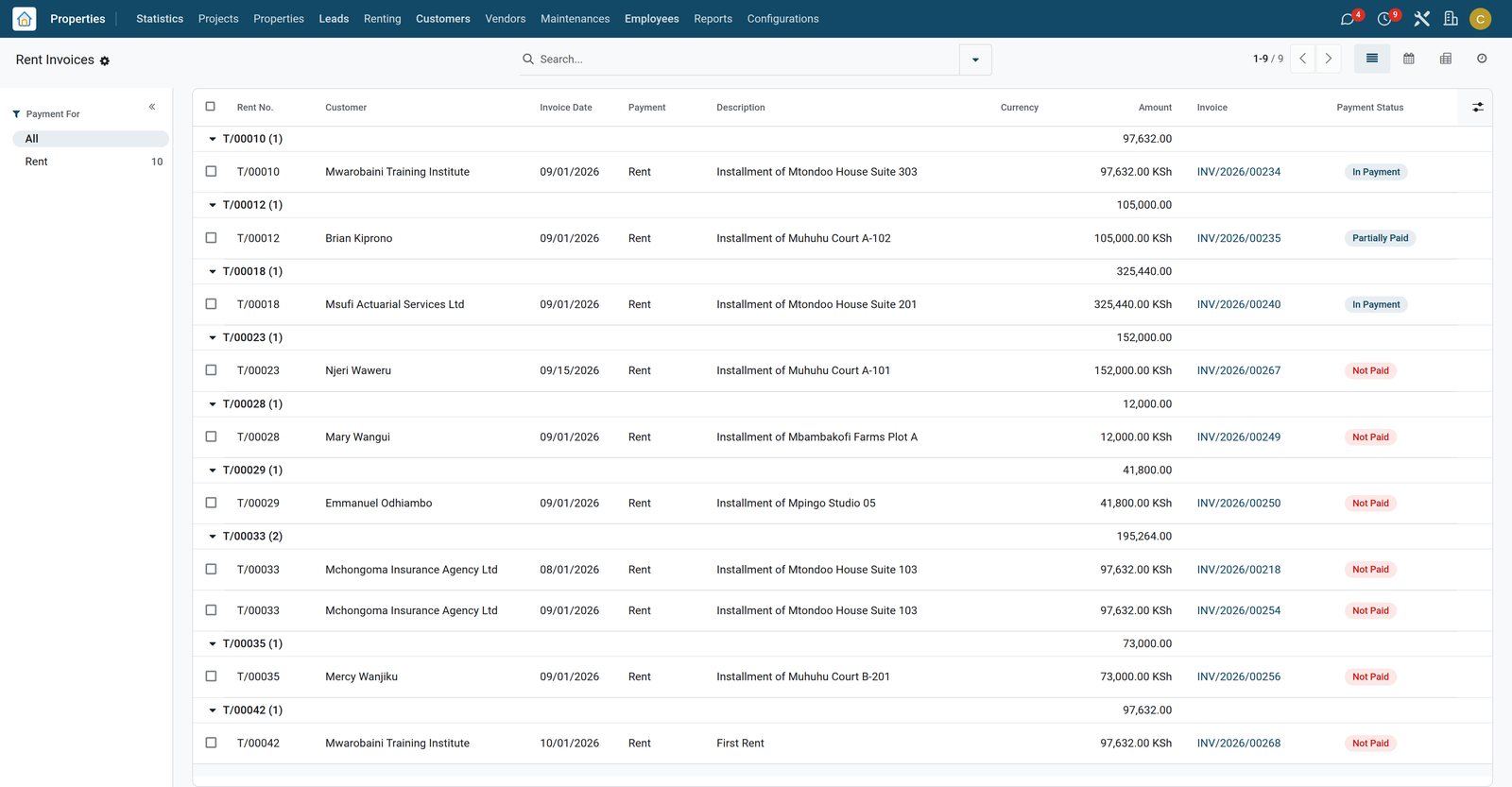 BridgeERP rent invoices list