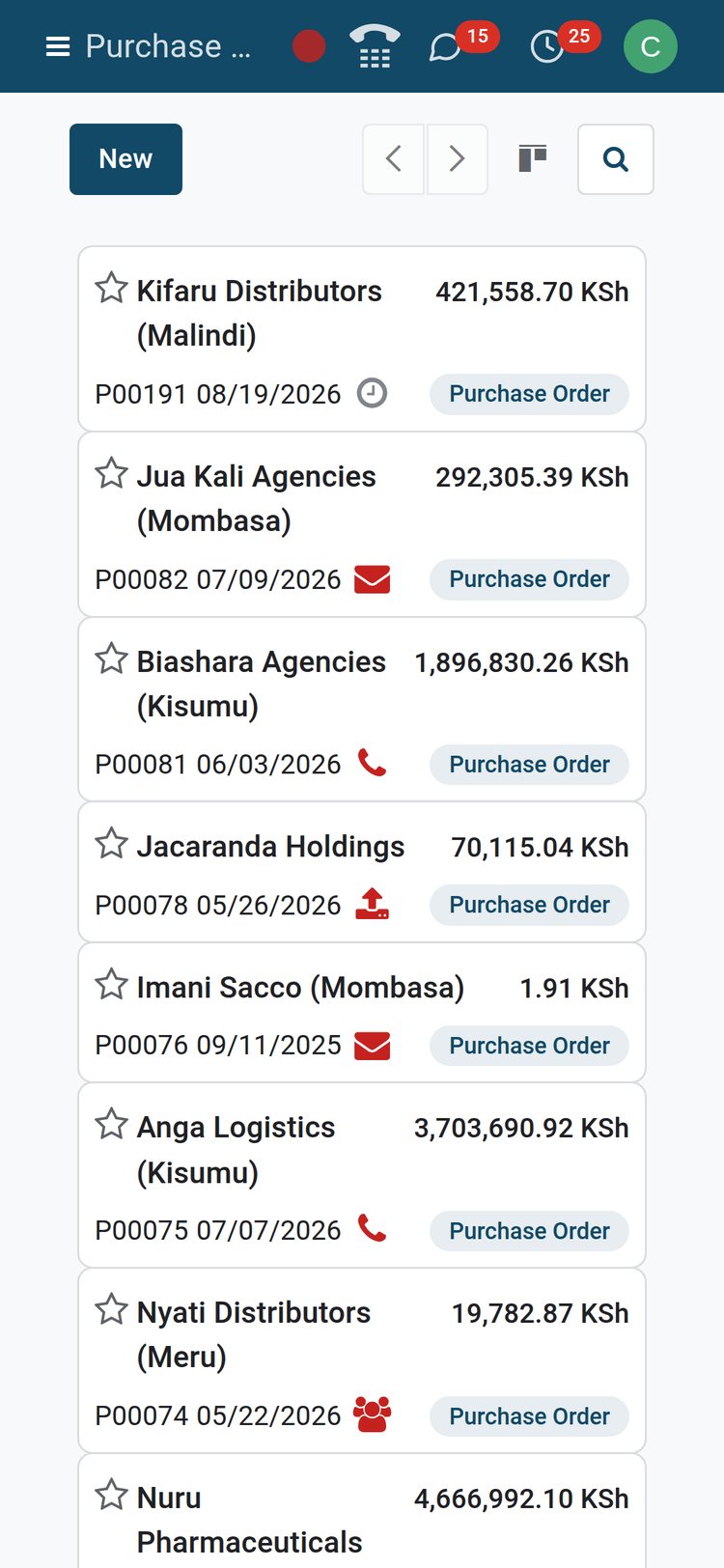 BridgeERP purchase orders kanban on a phone screen